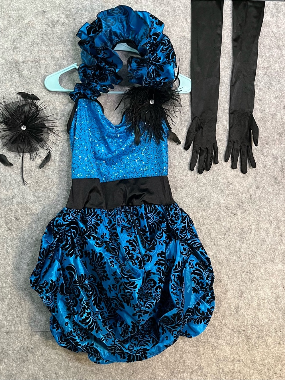 Dance Jazz Blue Baroque Sparkle Costume with Black Gloves & Hair Pin Small Adult